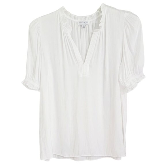 Current Air Tops - Current Air Womens White Elbow Sleeve Ruffled Trim Split Neck Blouse Size Large